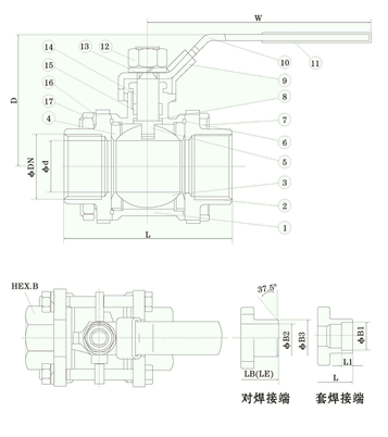 三片式全通径经济型球阀 结构图 / 尺寸图